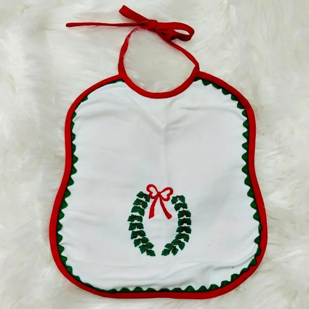 Vintage Christmas Baby Bibs Set of 2 White Red Green Bird Holly Patchwork Unltd